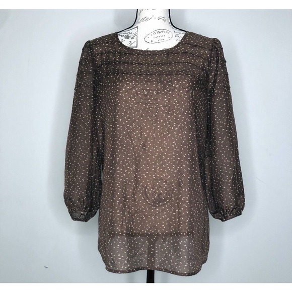 LOFT Tops - Loft Brown Polka Dot Semi Sheer Long Sleeve Blouse size Medium